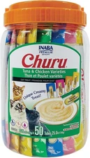 INABA Churu Cat Treats 50 Tubes, Tuna & Chicken, Creamy Lickable Purée, 0.5oz