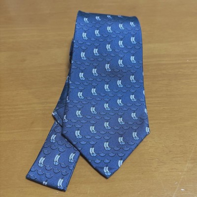 New Unused HERMES Neck Tie Blue Waves Sailboat 100%Silk Made
