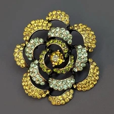 Yellow Green Pave Rhinestone Flower Brooch Antiqued Gold Tone Statement VTG 90s
