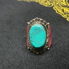 Wonderful Vintage Tibetan Coral And Turquoise Stone Old Brass Beautiful Ring