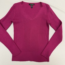 Ralph Lauren Sweater Womens Medium V-Neck Pink Fuchsia Ribbed Cotton EUC