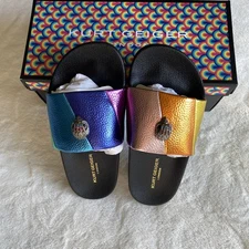 Kurt Geiger London Meena Logo Ornament Pool Slides Metallic Rainbow Sz US1M