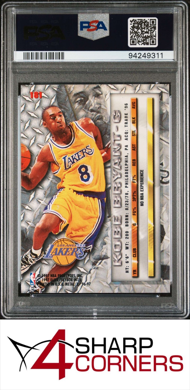 1996 FLEER METAL #181 KOBE BRYANT RC LAKERS HOF PSA 9 view 2