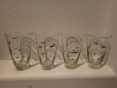 Vintage MCM Libbey Mediterranean Atomic Fish 5.5” Glass Tumblers - Set of 4