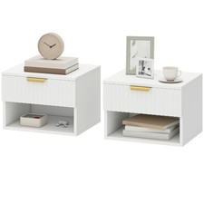 HOMCOM Set 2 Comodini Sospesi con Cassetto, Pannelli Scanalati e Ripiano Bianco