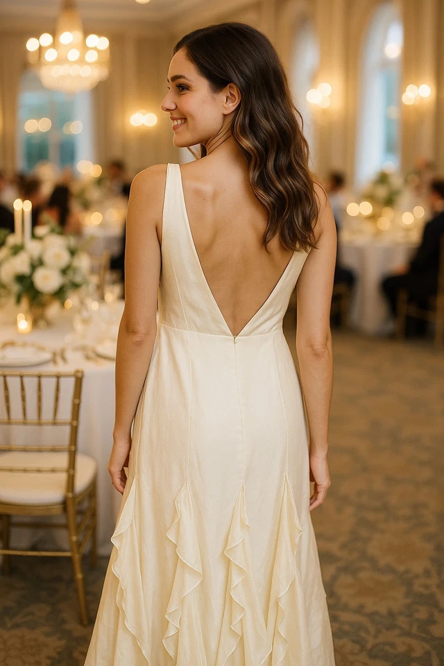 Maxi Vestido Formal Lulus Para Mujer Talla XL Deluca Marfil Tafetán Cuello en V Foto 2 de 4