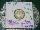 1941 P Mercury 90% Silver{FINE} WWII Dime, Nice Bands, Top & Bottom-Nice Wings