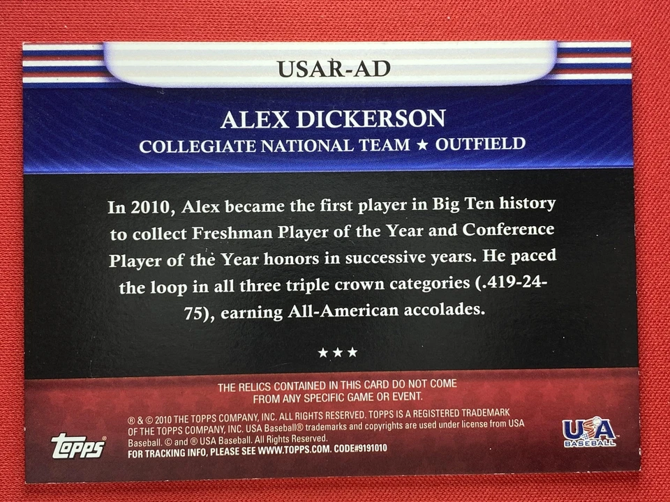 2010 Topps USA Baseball #USAR-AD Alex Dickerson USA Triple Jersey - Image 2 of 2