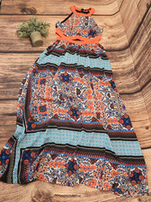 Xtaren Womens Dress Size Medium Chiffon Color Block Maxi Strappy Halter Style 