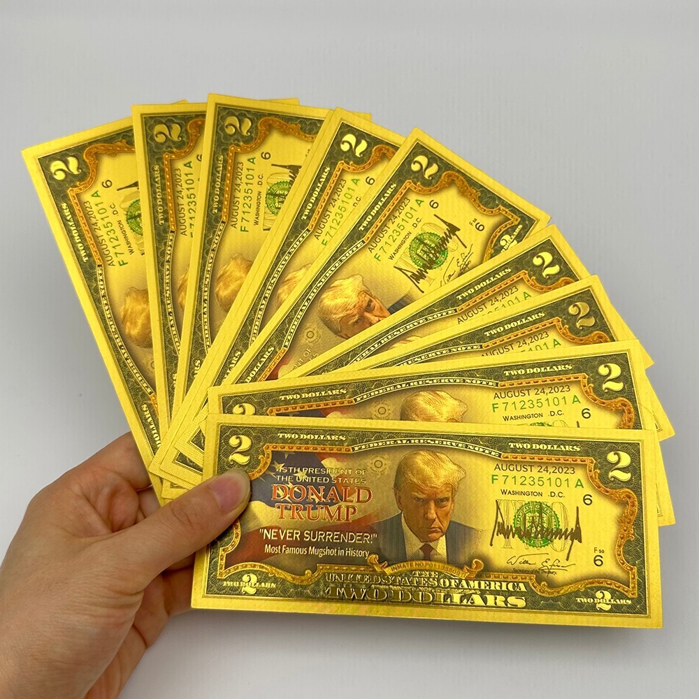 10XGolden Trump 2024 US President Gold Banknotes 2 Dollars Never Surrender Money