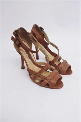 Manolo Blahnik Sandals Brown Strappy Leather Size 36.5 Double Buckle Heel | eBay