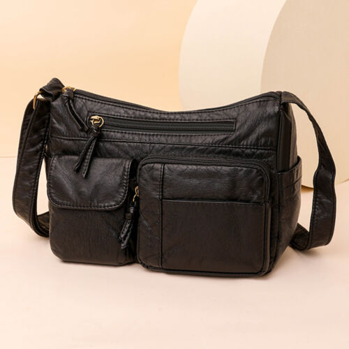 Women Retro Leather Crossbody Bag Washed Shoulder Bag Casual Work Bag (Black) - Picture 1 of 9