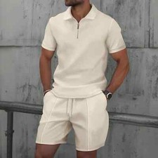 Men Waffle Solid Color Zip-up Lapel Short-sleeve Suit Shorts Two Sets