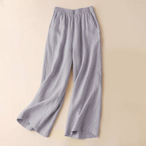 Summer Women Drawstring Waist Wide Leg Loose Cotton Linen Solid Pants Asian - Picture 18 of 24