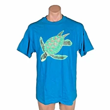 Vintage 90s Sea Turtle Beach ocean vacation neon t-shirt Large Blue USA MADE