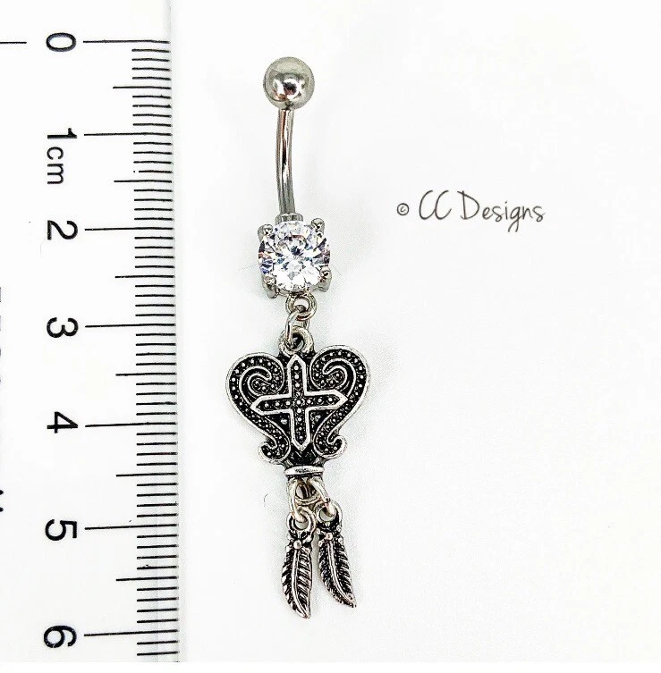 Anillo vientre pluma cruz corazón bruñido colgante circonita blanca punta delantera 14g B547 Foto 3 de 3