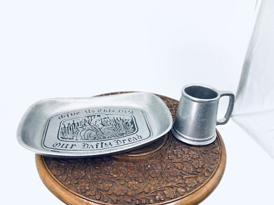 Vintage York Metalcrafters Pewter  Give Us This Day Our Daily Bread   Tray & Cup