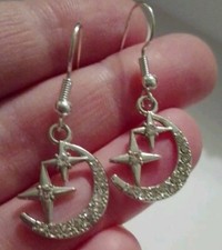 Silver Crescent Moon And Star Earrings Cubic Zirconia gift festival party cute
