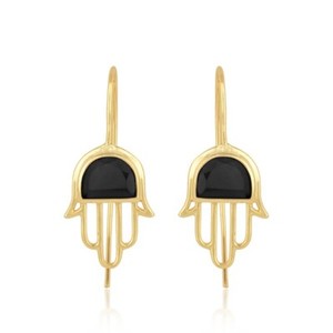 Authentic Hamsa Protection Hand Black Onyx Long Earwire Gold Plated Earrings For Women