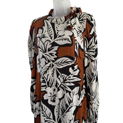 Twinset Milano Dress Womens 40 US 4 6 Brown Floral Bow Neck Long Sleeve Shift