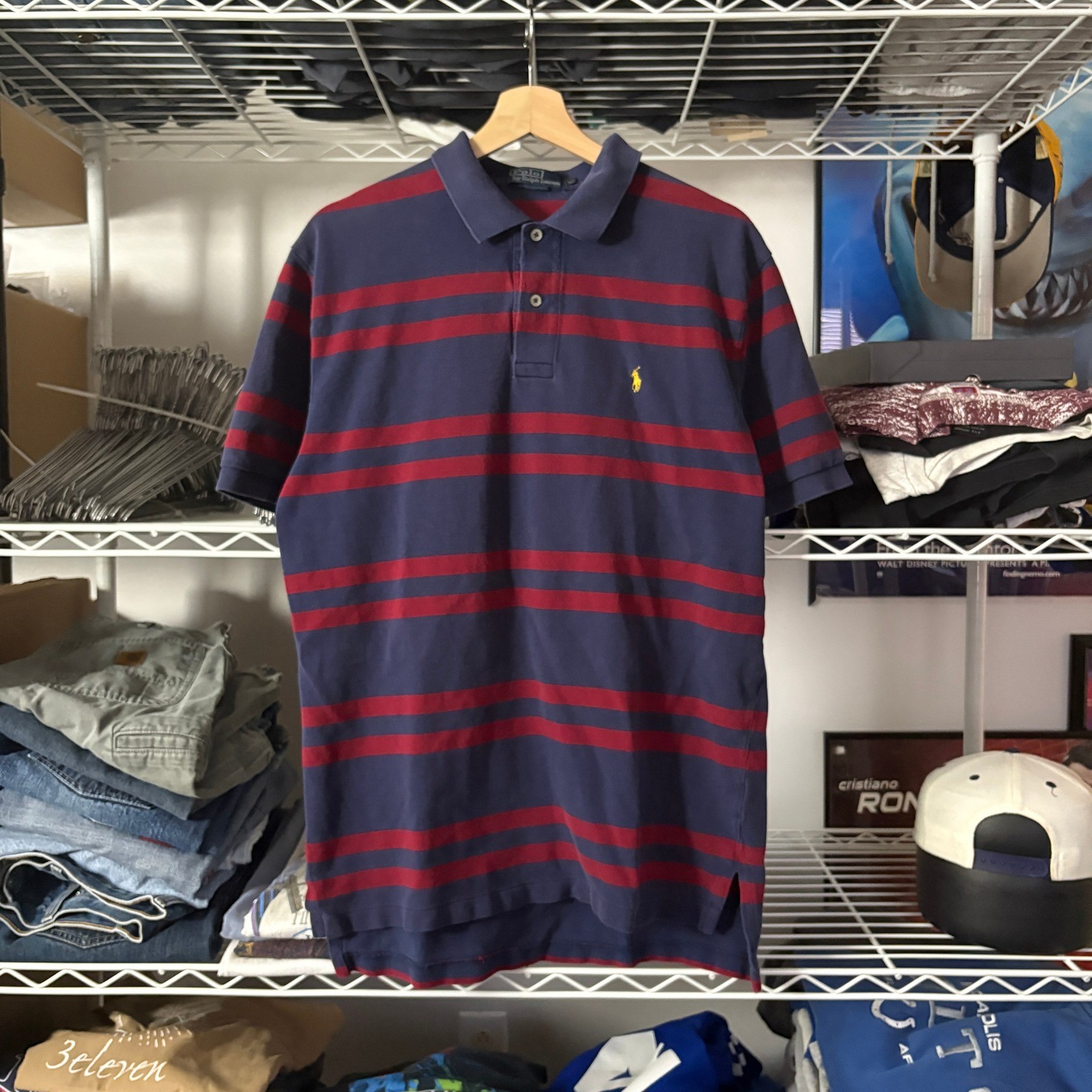 Vintage Polo Ralph Lauren Mens Striped Short Sleeve Polo Shirt Navy Red Size L