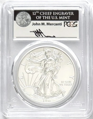 2011 W BURNISHED SILVER EAGLE W MINT MARK 25TH ANNIVERSARY PCGS MS70 MERCANTI