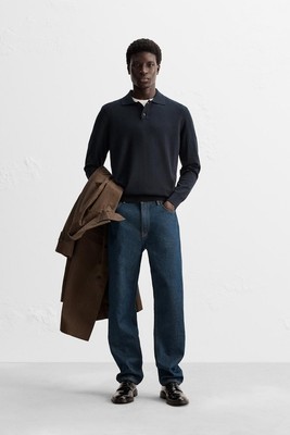 Zara Origins Mens Polo Shirt Sweater L Navy Blue Merino Wool Knit