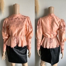 Vintage Pink Silk Ornately Embroidered Puff Mutton Sleeve Blouse