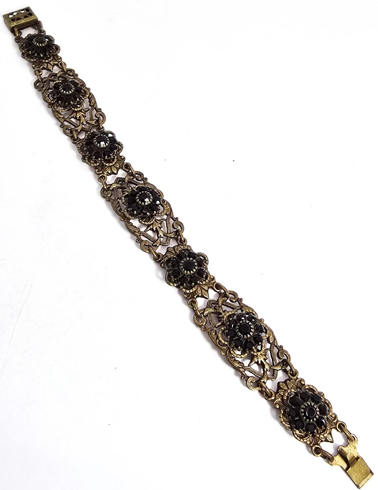 Pulsera de diamantes de imitación de latón vintage de mediados de siglo con flores de diamantes de imitación negros Foto 3 de 4