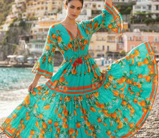 ANTICA SARTORIA 2026 ORANGES FLOWERS AQUA LONG BEAUTIFUL FUN DRESS OS NWT