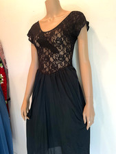 Vintage 1990s Nightgown Silky Black Nylon Lace Top Knee Length Slip Nightie M/L