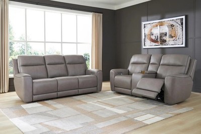 NEW Top-Grain Leather 2PC Power Recliner Sofa Set Heat Massage Adj Headrest Gray