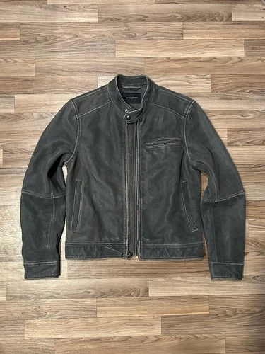Banana Republic Discontinued Leather Stone Wash Cafe Racer Jacket Grey Men's  S - product listing photo