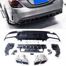 Rear Bumper Diffuser Lip + Exhaust Pipe Kit Silver For Benz C Class W205 2015-21