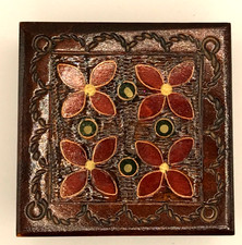 Vintage Carved Wooden Painted Hinged Trinket Box Floral Design
