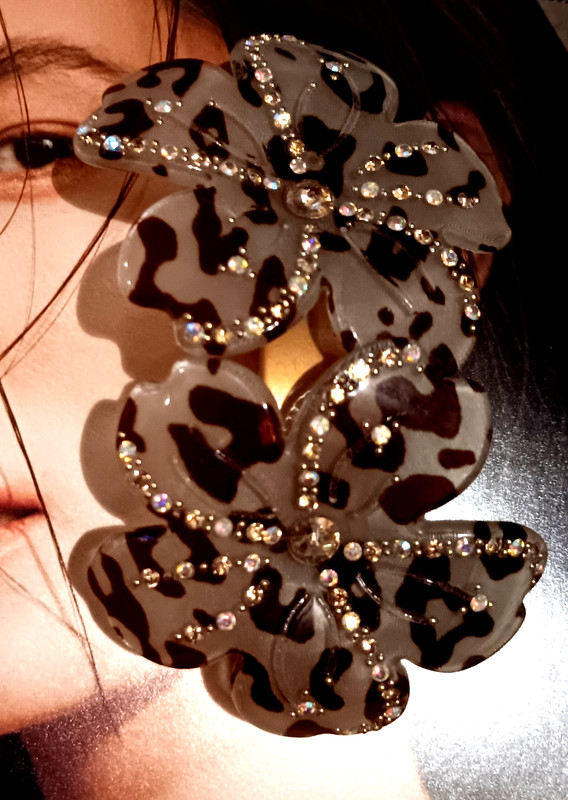 Vtg Leopard Print AB Rhinestone Flowers Elegant Barrette Hair Clip - Gorgeous!