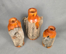 Vtg RARE Set of 3 DAVID RITTER Handmade Rustic Reclaimed Wood-Turned Log Vases