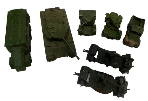 7 ASSORTED COLLECTION PLAY WORN VINTAGE DINKY ARMY TRUCKS, TANKS, CAR METAL TOYS