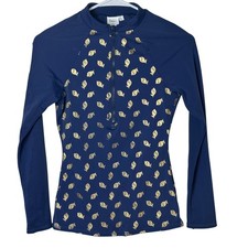 Boden Navy Gold Metallic Lemon Print Long Sleeve Rash Guard Swim Shirt US 2