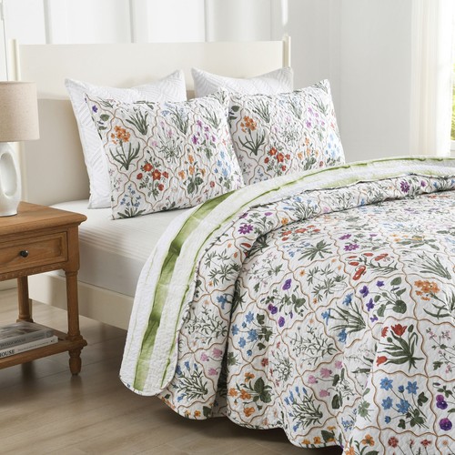 Juego de colcha acolchada floral de poliéster suave con estampado botánico de 3 piezas - Imagen 5 de 27