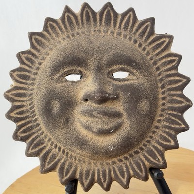 Rustic Terracotta Clay Celestial Sun Face Wall Plaque Outdoor Garden Folk Art