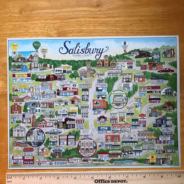 1990 Salisbury NC North Carolina Rowan County city large Postcard Map