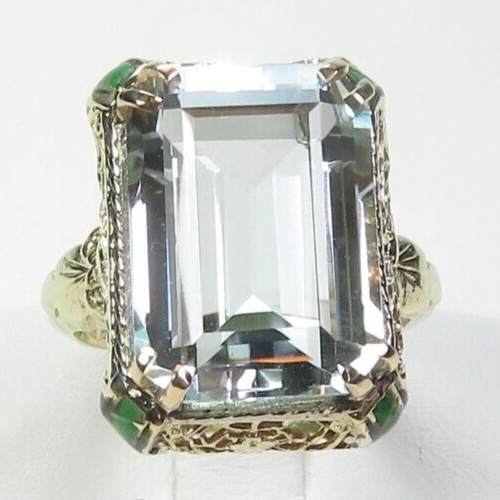 Antique 1920's Aquamarine Enamel Engagement 13K Yellow Gold Ring Size 5.25 UK-K - Picture 1 of 15