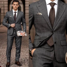 Plaid Checked Business Men Suits Regular Fit Formal Peak Lapel Single Breasted