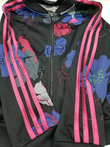 ADIDAS GIRL'S SIZE 16 XL BLACK MODERN FLOWERS PINK 3 STRIPES SLEEVES CUTE - Picture 2 of 9
