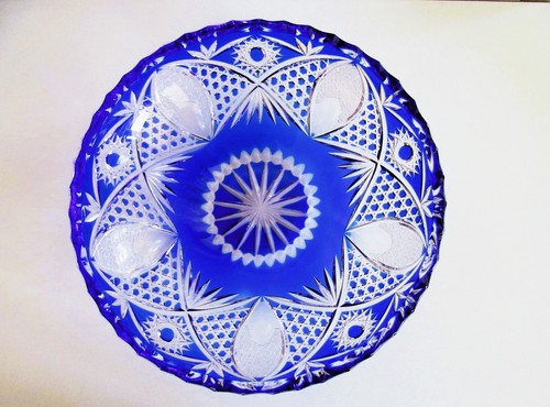 Czech Blue Cut to Clear CRYSTAL Dish Bowl Centerpiece 11.2 in Perfect condition - Picture 4 of 11
