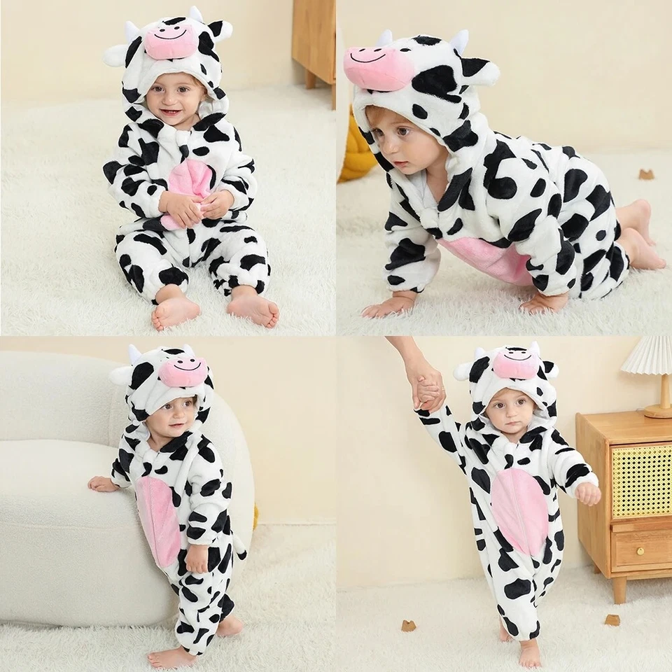 Baby Boys Girls Milk Cow Costumes Winter Pajamas Infant Toddler Jumpsuit Flannel - Image 2 of 4