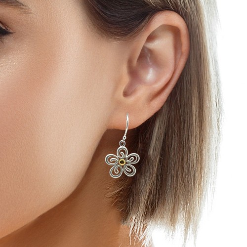 925 Silver & Gold Daisy Hook Drop Dangly Earrings RRP£28 (D1030) Boxed - Picture 2 of 5