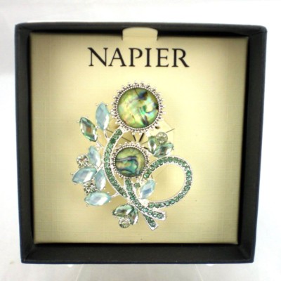 Napier Green Blue Stones Flower Circle Cluster Brooch Pin NEW w Box Silver Tone