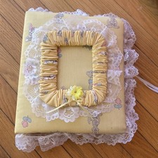Vintage 80s 90s Fabric Ruffled Lace Photo Album Yellow 11.5  x10  Baby Book